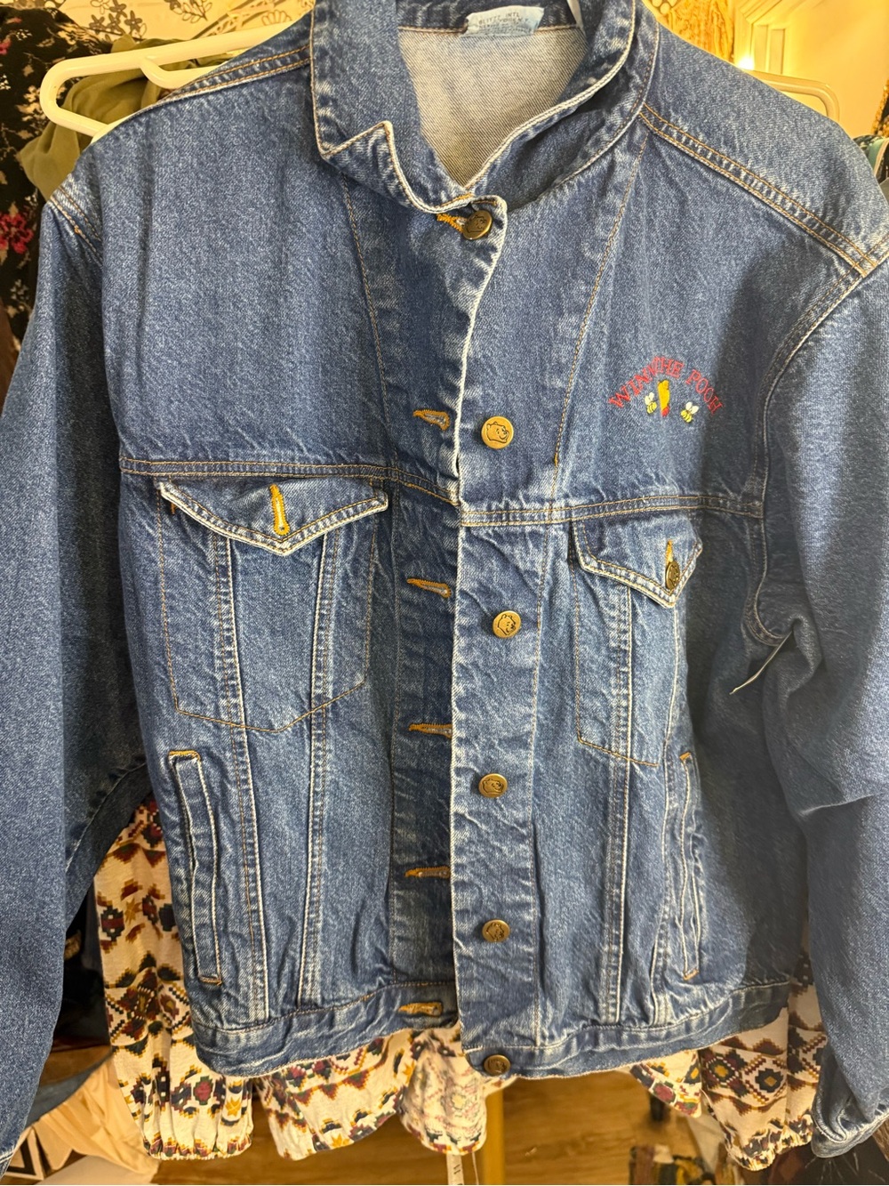 90s Vintage Blue Denim whine-the-Pooh Button-Up Jacket with Embroidered Accent